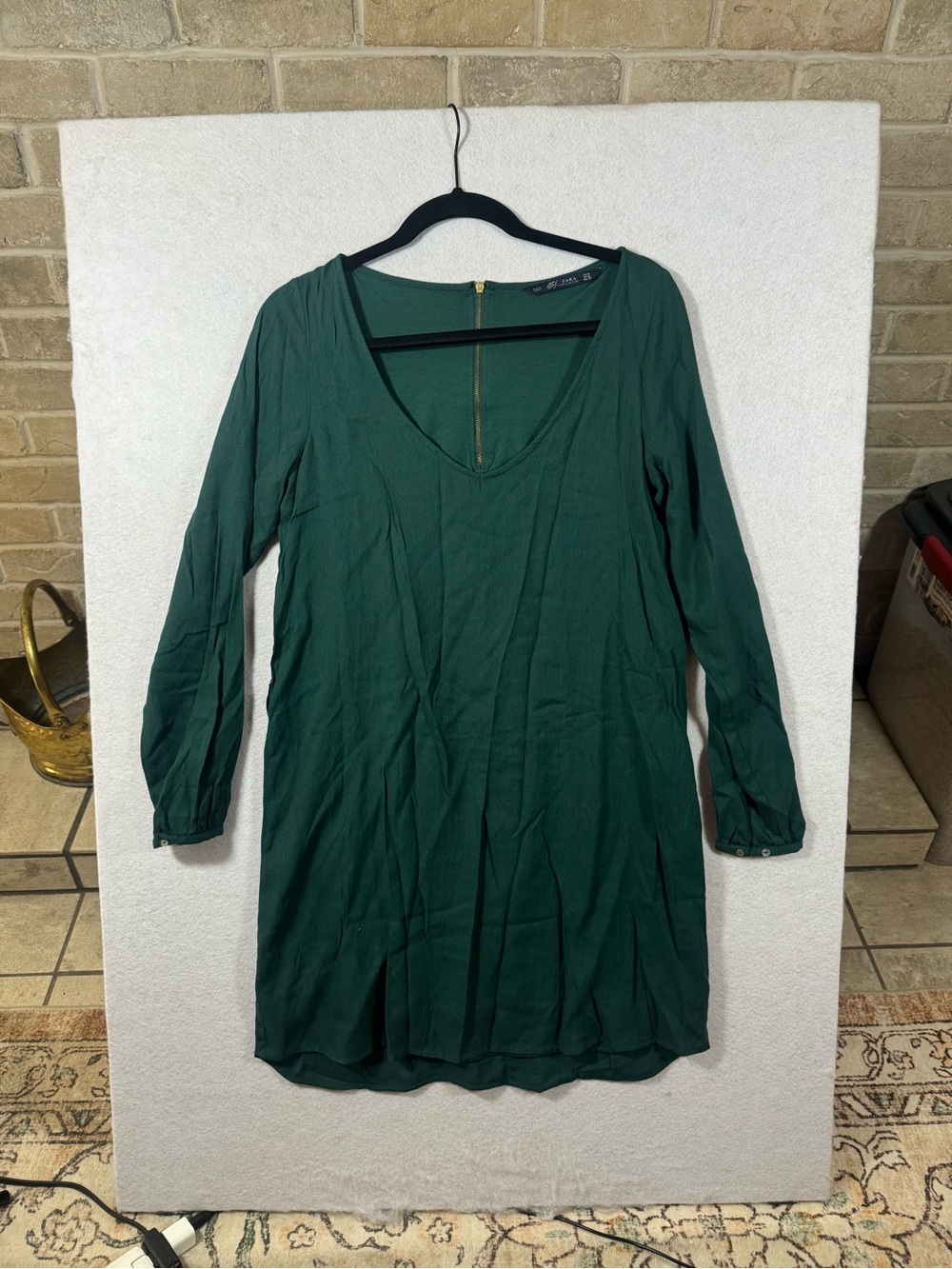 Zara Forest Green V-Neck Long Sleeve Dress